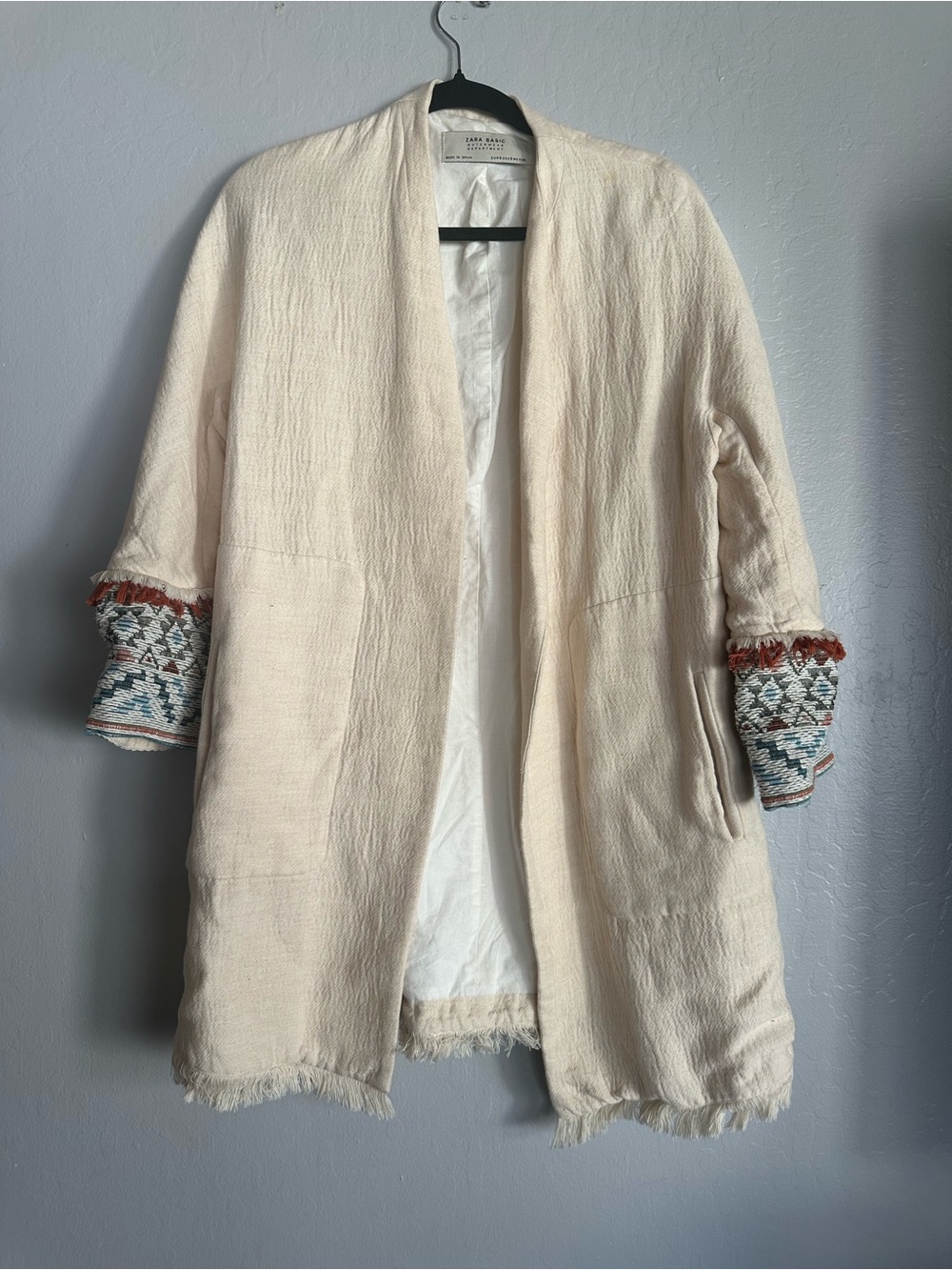 Zara Cream Open-Front Embroidered Sleeve Jacket
